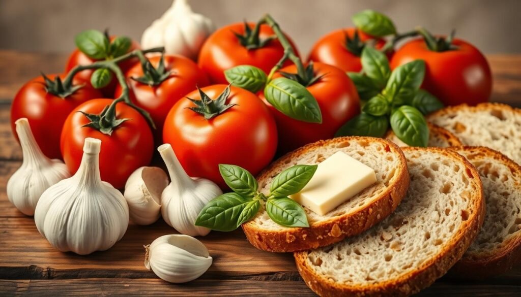 essential ingredients for tomato soup and garlic bread