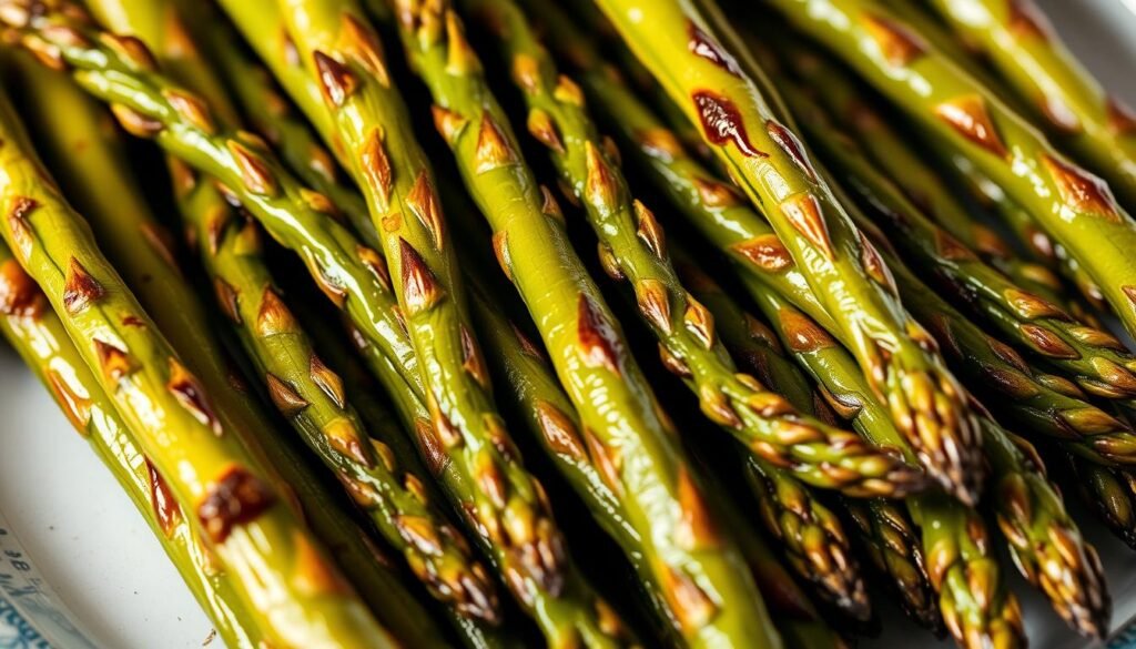 A beautifully lit, high-resolution close-up photograph of freshly baked asparagus spears. The asparagus stems are evenly roasted to a golden-brown color, with a slight char on the tips. The asparagus is arranged in a visually appealing manner, highlighting their slender, elegant shapes. The image has a warm, inviting atmosphere, with soft, diffused lighting that casts gentle shadows and highlights the natural textures of the asparagus. The background is uncluttered, allowing the asparagus to be the clear focal point of the composition.