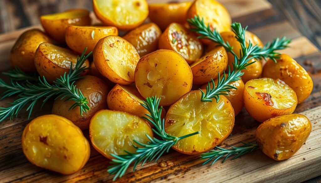 A bountiful assortment of freshly roasted potatoes, their golden-brown exteriors glistening under the warm, soft lighting. The potatoes are artfully arranged on a rustic, wooden cutting board, their irregular shapes and sizes adding visual interest. A few sprigs of fragrant rosemary and thyme are scattered around the potatoes, their vibrant green hues providing a pleasant contrast. The image has a cozy, homemade feel, capturing the essence of simple, yet delicious, oven-roasted potatoes.