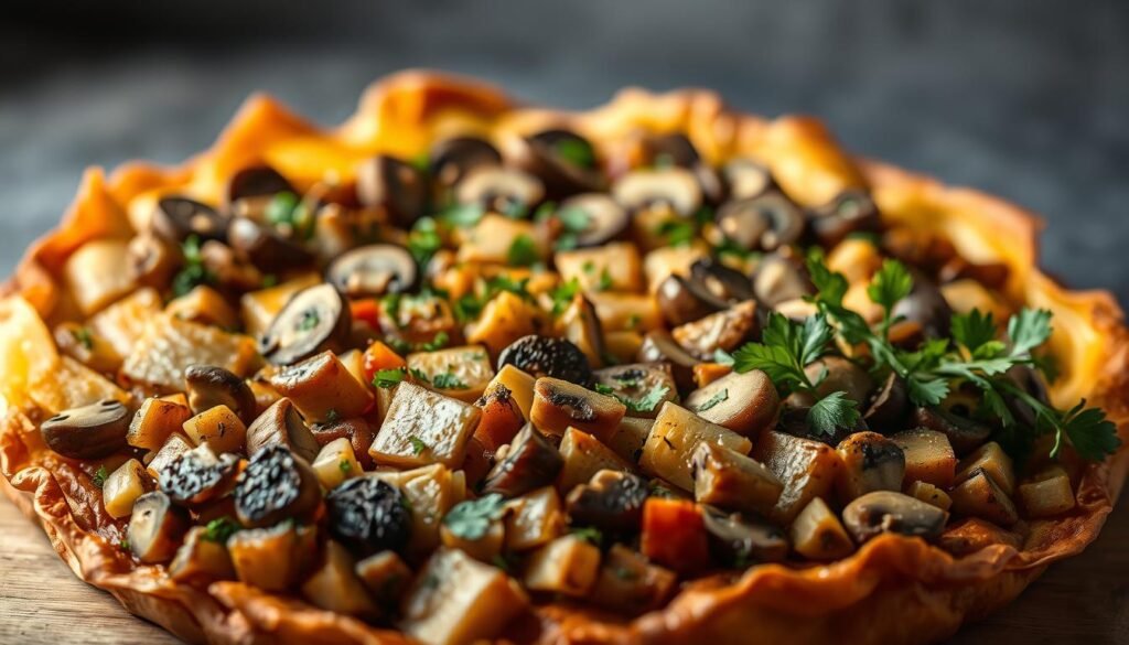 A bountiful phyllo tart, its golden-brown crust glistening under the warm studio lighting. In the foreground, an array of freshly chopped mushrooms, their earthy tones complemented by vibrant herbs. The middle ground reveals the delicate flaky layers of the phyllo dough, expertly assembled. In the background, a subtle backdrop of muted grays and neutrals, allowing the vibrant tart to take center stage. The scene exudes a sense of culinary craft, inviting the viewer to imagine the savory flavors and textures of this vegetarian delicacy.
