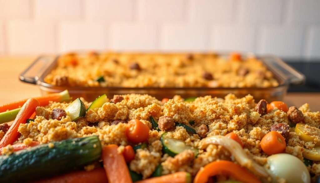 A bountiful vegetable casserole, freshly baked and glistening with a golden-brown crust. In the foreground, a medley of vibrant produce - carrots, zucchini, bell peppers, and onions - arranged in a tempting display. The middle ground reveals the casserole dish, its sides adorned with crunchy breadcrumbs or cheese. Warm lighting casts a cozy glow, highlighting the dish's inviting textures and aromas. In the background, a simple, minimalist kitchen setting, perhaps with a wooden surface or tiled backsplash, creating a clean, uncluttered backdrop to showcase the star of the scene - the delectable vegetable bake.
