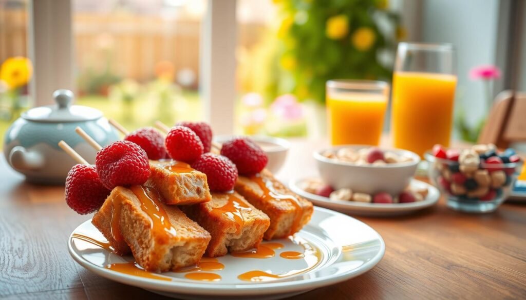 A bright, cheerful breakfast scene with a wooden table adorned with a colorful array of kid-friendly treats. In the foreground, freshly-made French toast kabobs, skewered with juicy berries and drizzled with maple syrup. In the middle ground, a glass of orange juice and a small bowl of assorted cereals. The background features a window overlooking a sunny, playful garden, bathed in warm, natural lighting. The overall atmosphere is inviting, wholesome, and sure to delight young taste buds.