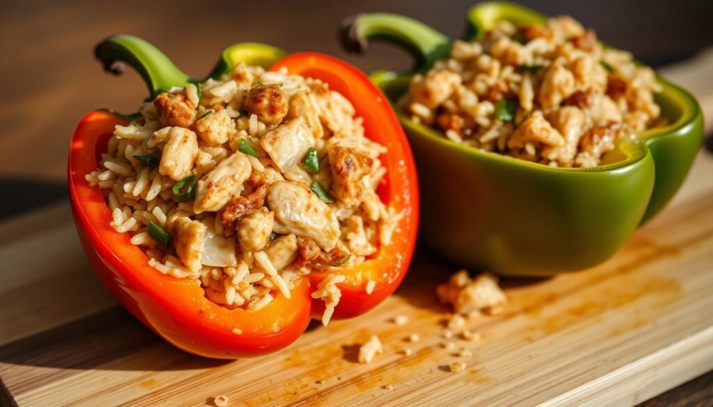 A close-up, high-resolution photograph of two halved bell peppers stuffed with a savory mixture of cooked chicken, rice, onions, garlic, and spices. The peppers are arranged on a wooden cutting board, the vibrant green and red colors contrasting beautifully. Soft, natural lighting gently illuminates the dish, casting subtle shadows and highlighting the textural details of the ingredients. The overall composition is simple yet elegant, inviting the viewer to imagine the mouthwatering flavors and aromas of this classic comfort food dish.
