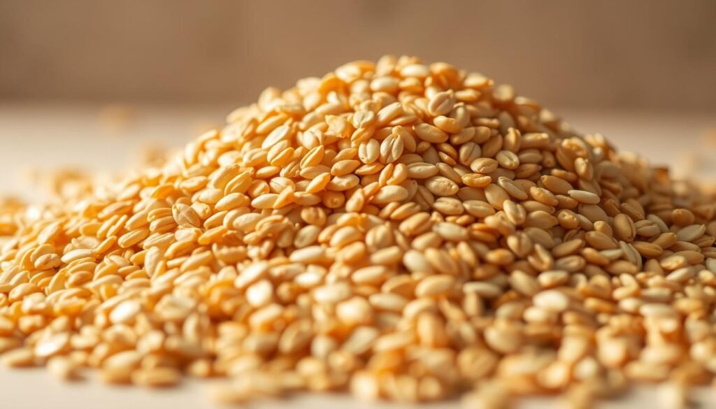 A close-up of a pile of organic, golden-hued sesame seeds, captured under soft, diffused lighting that accentuates their subtle sheen and textural details. The seeds are displayed against a neutral, out-of-focus background, creating a clean, minimalist composition that draws the viewer's attention to the intricate patterns and rich colors of the individual sesame kernels. The lighting is warm and gentle, lending a comforting, natural atmosphere to the scene, evoking the wholesome qualities of the key ingredient for the sesame salmon and rice dish.