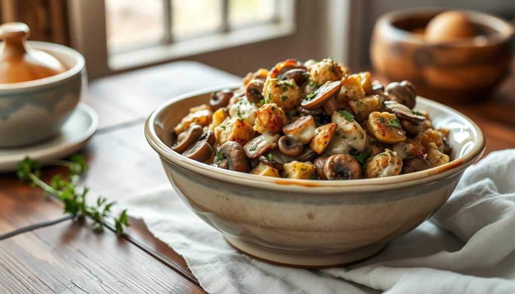 A close-up shot of an elegant dish of homemade mushroom stuffing, arranged artfully on a rustic wooden table. The stuffing is a rich, earthy blend of sautéed mushrooms, onions, garlic, fresh herbs, and a creamy béchamel sauce, presented in a beautifully crafted ceramic bowl. Soft, natural lighting from a window casts a warm, inviting glow over the scene, highlighting the delicate texture and vibrant colors of the dish. The overall composition conveys a sense of simplicity, comfort, and the comforting aroma of a home-cooked meal.