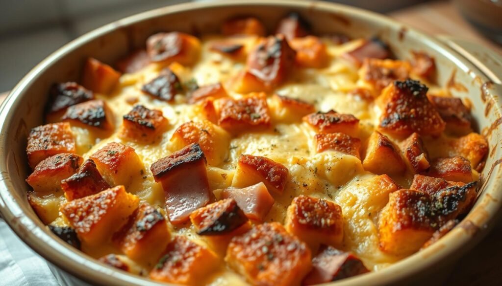 A cozy and inviting ham and cheese bread pudding, baked to golden-brown perfection in a rustic ceramic baking dish. The casserole is steaming hot, its edges crisp and the center soft and custardy. Thick slices of toasted bread are nestled between layers of melted cheese and juicy cubes of savory ham. The dish is subtly seasoned with fragrant herbs, casting a comforting aroma throughout the kitchen. Soft, diffused lighting illuminates the scene, creating a warm and homey atmosphere. The image is captured from a slight low angle, emphasizing the generous portion and the enticing, mouth-watering texture of the bread pudding.