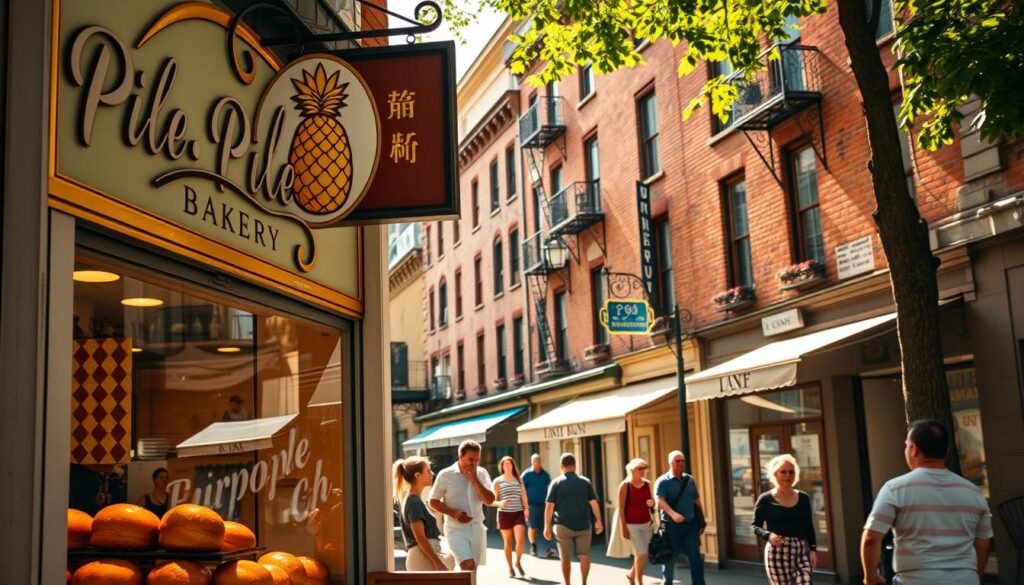 A cozy, sun-dappled pineapple bun bakery set in a bustling city street. In the foreground, a charming storefront with a retro-style sign, its lettering curving around a golden pineapple logo. Through the large windows, glimpses of freshly baked pineapple buns, their golden crusts glistening. In the middle ground, a lively sidewalk scene, with people strolling past, stopping to admire the enticing pastries. In the background, a row of historic brick buildings, their facades weathered by time. Warm, natural lighting filters through, casting a inviting glow over the entire scene. The overall mood is one of nostalgia, comfort, and the mouthwatering aroma of buttery, sweet perfection.