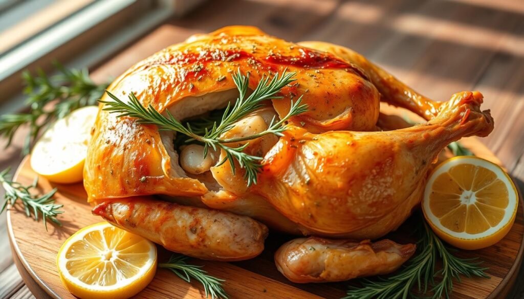 A delectable chicken dish resting on a wooden table, its golden-brown skin glistening under warm, natural lighting. The cavity is brimming with a fragrant blend of fresh herbs – rosemary, thyme, and oregano – creating a mouthwatering aroma. Sliced lemons and sprigs of herbs adorn the scene, adding a touch of rustic elegance. The lighting casts soft shadows, emphasizing the tender, juicy texture of the meat. The image exudes a cozy, homemade ambiance, inviting the viewer to savor the flavors of this herb-infused culinary delight.