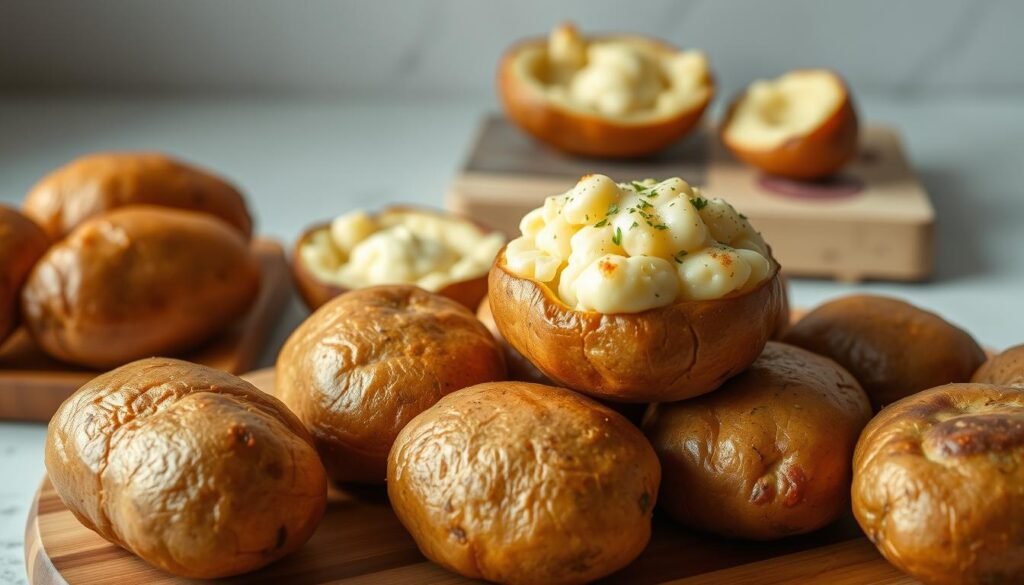 A delectable display of Swiss-style twice baked potatoes, their golden-brown crusts glistening under soft, natural lighting. In the foreground, a cluster of plump, russet potatoes sit atop a wooden board, their innards scooped and mashed with Swiss cheese, cream, and fragrant herbs. In the middle ground, a few halved potatoes reveal their fluffy, cloud-like centers, ready to be refilled and baked once more. The background shows a simple, minimalist kitchen setting, with a neutral color palette and subtle shadows accentuating the textures and shapes of the gourmet potato dishes.