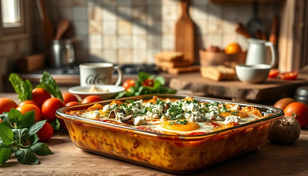 A delectable feta brunch bake set against a warm, rustic backdrop. In the foreground, a golden-brown casserole dish brimming with fluffy eggs, crumbled feta, and aromatic herbs. Surrounding it, an assortment of fresh produce - juicy tomatoes, vibrant spinach, and earthy mushrooms. Soft morning light filters through nearby windows, casting a gentle glow over the scene. In the middle ground, a cozy kitchen counter displays an array of brunch essentials - a steaming cup of coffee, a wooden board with crusty bread, and a small pitcher of cream. The background features a vintage-inspired tile backsplash and weathered wooden cabinetry, evoking a sense of inviting, homespun charm. This image perfectly captures the warm, comforting allure of the feta brunch bake.