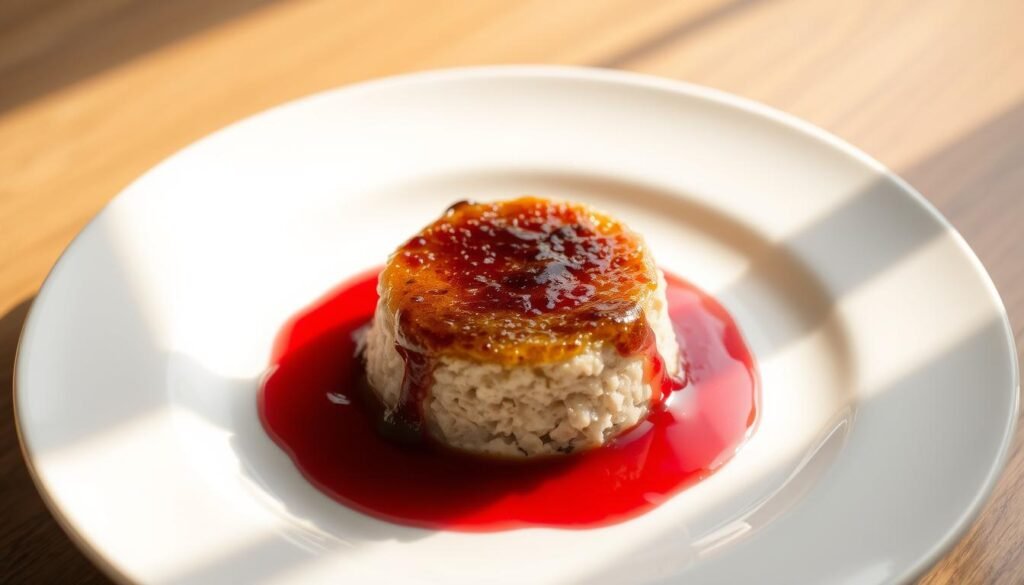 A delectable oatmeal brûlée with a glossy, caramelized crust sits atop a pool of vibrant raspberry sauce. The dish is beautifully presented on a white ceramic plate, bathed in soft, warm lighting that casts gentle shadows. The oatmeal has a creamy, velvety texture, and the raspberry sauce glistens with a perfect balance of sweetness and tartness. The composition is visually striking, with the contrasting colors and textures creating a visually appealing and mouthwatering scene. The image evokes a sense of refinement and culinary excellence, perfectly capturing the "Essential Ingredients for Oatmeal Brûlée and Raspberry Sauce".