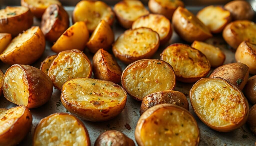 A delectable oven-baked potato side dish, golden-brown and crispy on the outside, fluffy and tender within. Freshly harvested potatoes, skin lightly brushed with olive oil, seasoned with a harmonious blend of salt, pepper, and aromatic herbs. Arranged on a baking sheet, the potatoes emit a tantalizing aroma as they roast under warm, even lighting, casting gentle shadows that accentuate their natural textures. The image captures the simplicity and appeal of this classic, comforting accompaniment, inviting the viewer to savor the satisfying flavors and textures of homemade oven-baked fries.