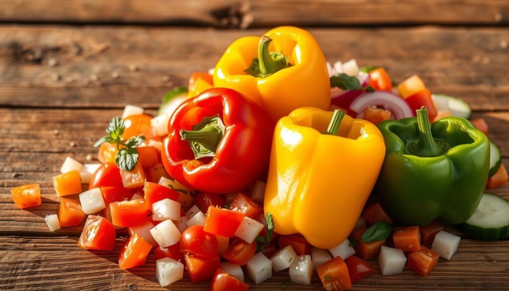 A delectable tricolored pepper salad, artfully arranged on a rustic wooden surface. Vibrant red, yellow, and green bell peppers, freshly sliced, nestled among diced tomatoes, onions, and crisp cucumbers. The ingredients are bathed in a warm, golden light, casting gentle shadows and highlighting the varied textures and hues. A sprinkling of herbs, such as basil or parsley, adds a touch of freshness. The composition is balanced, with the peppers taking center stage, surrounded by complementary vegetables. The overall mood is one of natural bounty and culinary delight, inviting the viewer to imagine the flavors and aromas of this wholesome, visually appealing salad.