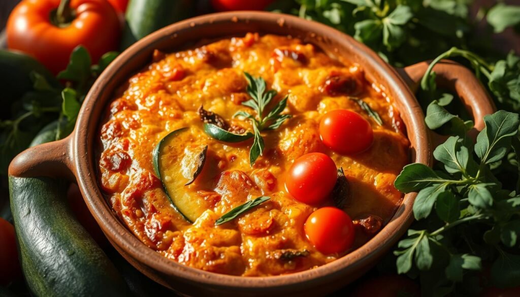 A delectable vegetarian zucchini tomato bake in a rustic earthenware dish, nestled amidst a vibrant array of fresh vegetables. The golden-brown, bubbly surface is adorned with slivers of zucchini and glistening cherry tomatoes, their colors popping against the rich, creamy sauce. Gentle shadows cast by warm, directional lighting accentuate the layered textures, while a subtle vignette frames the scene, creating an inviting, homemade atmosphere. The overall composition evokes a sense of comforting, wholesome nourishment, perfectly capturing the essence of this healthy and delicious dish.