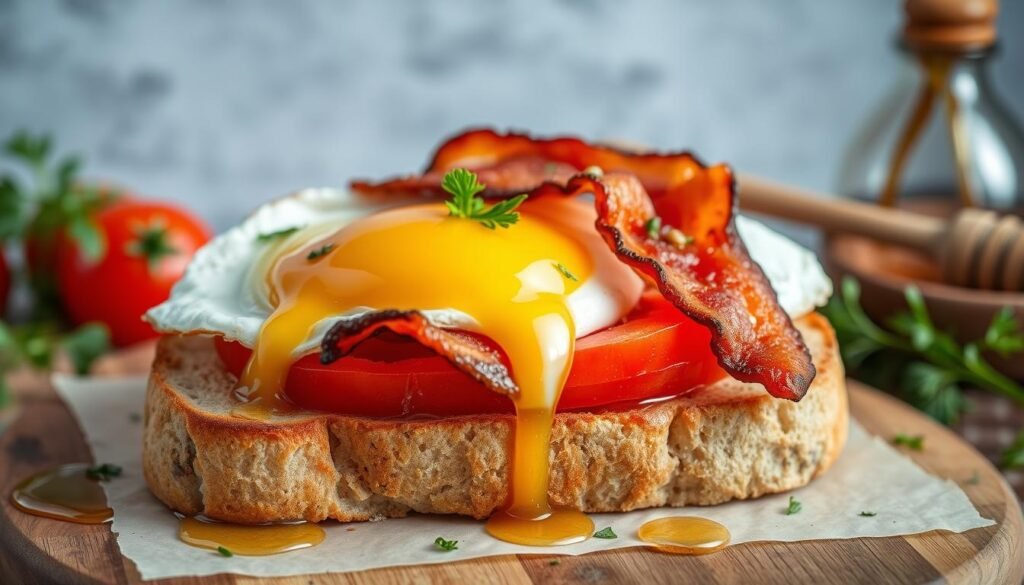 A delicious open-faced breakfast sandwich with a perfectly toasted artisanal sourdough bread, topped with a runny fried egg, crispy bacon, and slices of juicy, ripe tomato. The egg yolk glistens under soft, even lighting, while the bacon's salty crunch adds texture. In the background, a sprinkling of fresh herbs and a drizzle of rich, golden honey complete the healthy, wholesome composition. The scene is captured from a slightly elevated angle, showcasing the sandwich's inviting layers and tantalizing flavors, ready to be savored.