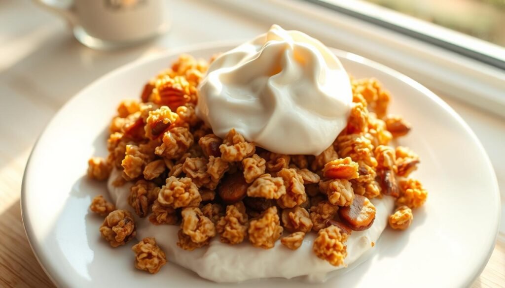 A delightful homemade granola dish, golden-brown clusters nestled atop a generous dollop of creamy, tangy yogurt. The granola, glistening with honey, beckons with its aromatic blend of roasted oats, crunchy nuts, and fragrant cinnamon. Sunlight filters through a nearby window, casting a warm glow over the scene. The textural contrast between the granola's crunch and the smooth, velvety yogurt creates a delightful sensory experience. Arranged on a simple white ceramic plate, this wholesome and nourishing breakfast evokes a sense of rustic elegance and homemade goodness.