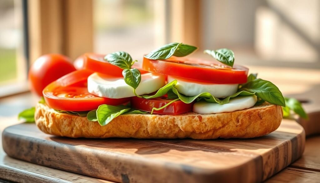 A freshly prepared Caprese sandwich with a vibrant green herb filling, resting on a rustic wooden cutting board. The soft, pillowy bread is topped with slices of juicy tomatoes, creamy mozzarella, and fragrant basil leaves. Sunlight streams through a window, casting a warm, natural glow over the scene. The camera captures the sandwich at a slight angle, highlighting its appetizing layers and the contrast of the red, white, and green colors. The overall mood is one of simplicity, freshness, and the comforting flavors of a classic Italian dish.