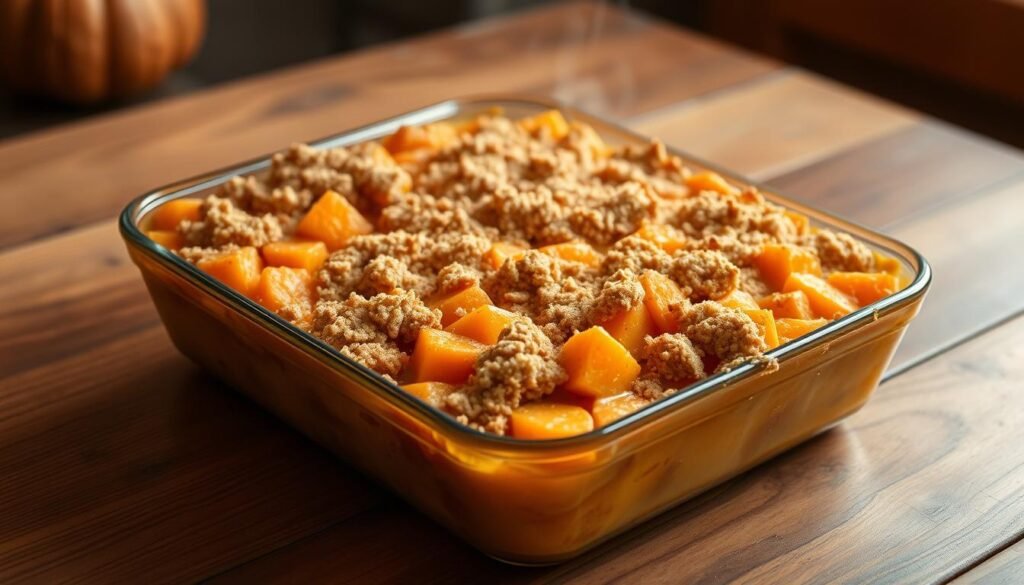 A golden-brown, bubbling sweet potato casserole rests on a wooden table. Tender, orange-hued chunks of sweet potato are nestled in a creamy, lightly spiced custard, topped with a crunchy streusel crust. Wisps of steam rise from the dish, hinting at its warm, comforting aroma. Soft, warm lighting casts a cozy glow, highlighting the casserole's rustic, homemade appeal. The scene evokes the welcoming ambiance of a family kitchen, ready to serve a hearty, autumnal dish.