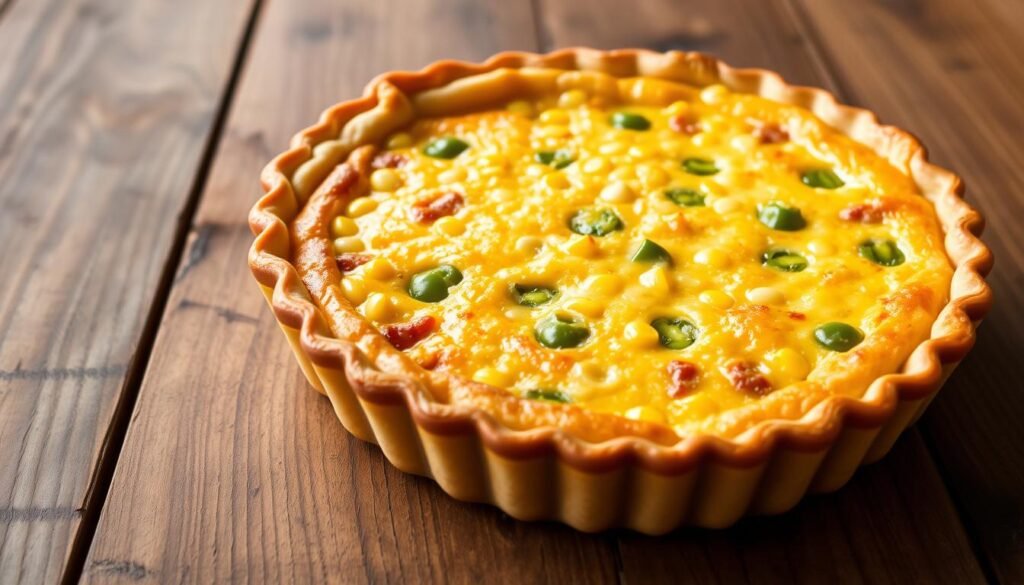 A homemade corn quiche sits on a rustic wooden table, its golden crust glistening in the warm, natural lighting. Flecks of vibrant green chili peppers and kernels of sweet corn peek through the creamy custard filling, creating a visually appetizing contrast. The quiche is framed by a simple, uncluttered background, allowing the dish to take center stage. The composition is slightly off-center, giving the image a sense of artful spontaneity. The overall mood is one of homemade comfort and nourishment, perfectly capturing the essence of a Chile-Corn Quiche.