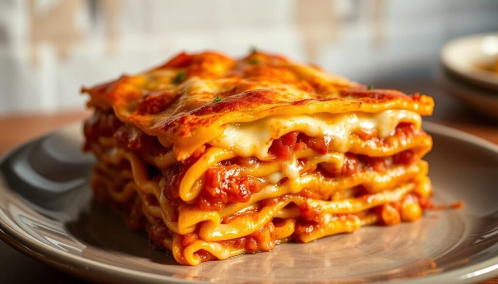 A homemade lasagne, freshly baked, steaming hot and bubbling with melted cheese. The layers of pasta, a rich tomato-based sauce, and a creamy béchamel, all coming together in a perfectly balanced composition. The golden-brown crust on top, crisp and inviting, hints at the indulgent flavors within. Soft lighting casts a warm glow, illuminating the dish from the side, showcasing its intricate layers and textures. The scene is captured from a slightly elevated angle, giving a sense of artful presentation, as if ready to be served and savored. This homemade lasagne embodies the comforting and satisfying nature of a classic Italian dish, perfectly suited to introduce and whet the appetite for the delicious recipe to follow.