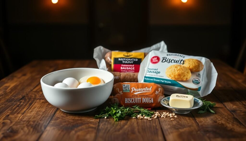 A large wooden table, dimly lit from above with warm, soft lighting. In the center, an assortment of ingredients for a biscuit and sausage bake: freshly cracked eggs in a white ceramic bowl, a roll of seasoned pork sausage, a package of refrigerated biscuit dough, a pat of butter, and a sprinkling of fresh herbs. The ingredients are arranged in an inviting, artisanal manner, with natural textures and muted tones that evoke a rustic, homemade aesthetic. The background is blurred, emphasizing the key elements on the table and creating a focus on the culinary preparation.