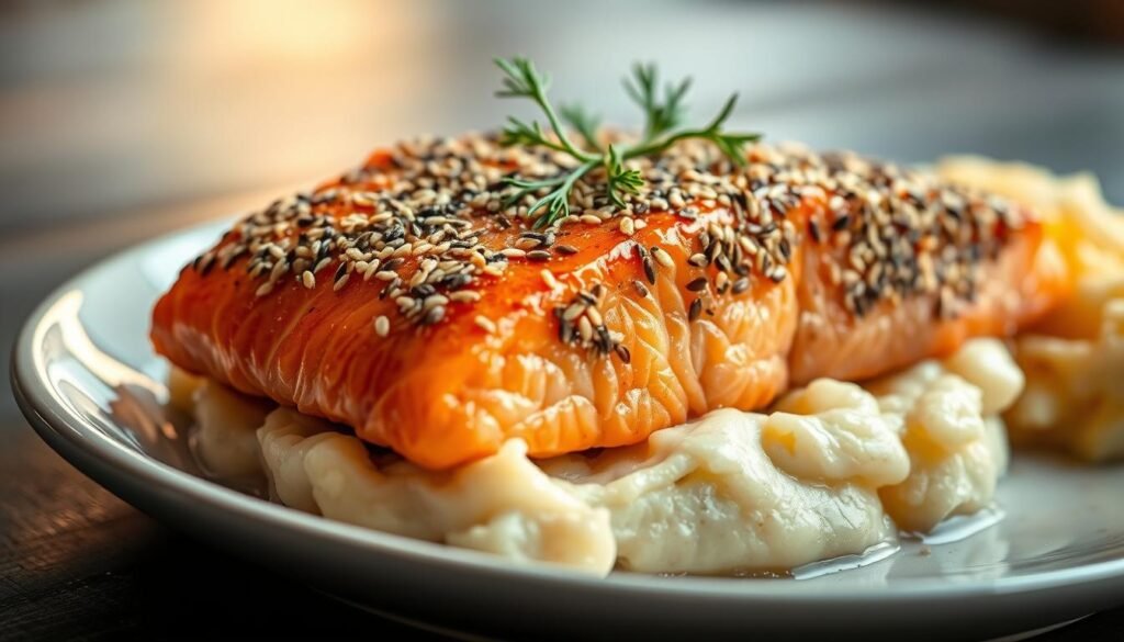 A luscious, freshly grilled salmon fillet glistens with a vibrant sesame seed crust, placed atop a bed of creamy, buttery mashed potatoes. The salmon's rich, flavorful meat is adorned with delicate sprigs of dill, adding a touch of verdant elegance. Soft, diffused lighting emanates from the side, casting a warm, inviting glow over the scene. The entire composition is captured from a low, eye-level angle, emphasizing the dish's mouthwatering presence and inviting the viewer to savor each bite.
