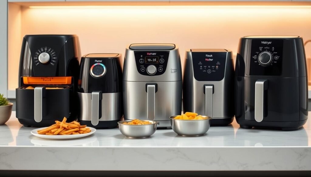 A modern kitchen countertop showcasing a comparison of sleek, high-tech air fryers in various sizes and styles. The appliances are arranged in a visually appealing layout, bathed in warm, soft lighting that accentuates their streamlined designs. The background features subtle, on-trend patterns or textures that complement the kitchen setting. The image conveys a sense of culinary innovation, efficiency, and the transformative impact of air fryers on home cooking. The overall composition is both informative and aesthetically pleasing, capturing the essence of how these appliances have revolutionized the way we prepare meals.