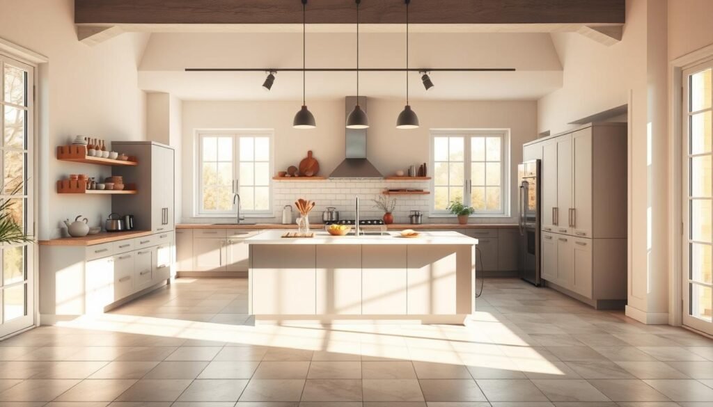 A modern kitchen interior with a centered kitchen island, overhead lighting fixtures, and a carefully curated selection of kitchen tools and appliances arranged on the countertop. The scene is illuminated by warm, natural lighting streaming through large windows, casting soft shadows across the tiled floor. The color palette is a harmonious blend of muted grays, whites, and natural wood tones, creating a calming and inviting atmosphere. The overall composition conveys a sense of organization and thoughtful planning, setting the stage for a successful kitchen renovation within a well-considered budget.