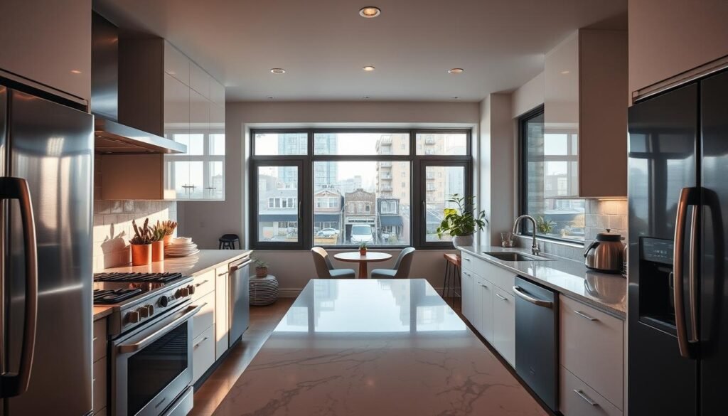 A modern, well-lit kitchen interior with stainless steel appliances, sleek white cabinetry, and a marble countertop.