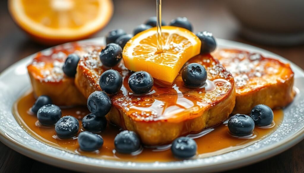 A mouth-watering close-up of a plate of Blueberry-Orange French Toast, bathed in warm maple syrup and garnished with fresh blueberries, orange slices, and a light dusting of powdered sugar. The toast is golden-brown and fluffy, the blueberries bursting with juicy sweetness, and the citrus notes of the orange adding a vibrant contrast. Soft, diffused lighting illuminates the dish, creating a cozy, inviting atmosphere. The composition is balanced, with the ingredients artfully arranged to showcase their vibrant colors and textures. This tempting scene captures the essence of a delectable homemade breakfast treat.