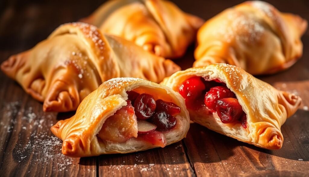 A mouth-watering display of freshly baked apple-cranberry turnovers, with golden-brown, flaky crusts encasing a luscious, tart-sweet filling. The turnovers are arranged artfully on a rustic wooden surface, casting soft shadows and bathed in warm, inviting lighting that highlights their tempting textures. In the foreground, a single turnover has been sliced open, revealing the vibrant crimson-hued filling, dotted with plump cranberries and glistening with a hint of caramelized sugar. The middle ground showcases a few more turnovers, their surfaces gently creased and dusted with a light sprinkling of powdered sugar. The background is softly blurred, allowing the focus to remain solely on the delectable pastries.