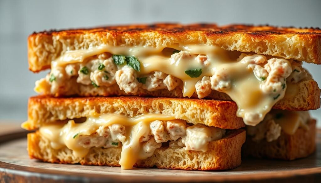 A mouthwatering close-up of perfectly grilled tuna melts, their golden-brown crusts glistening under natural studio lighting. The tuna salad, a savory blend of flaky fish, creamy mayonnaise, and aromatic herbs, is nestled between slices of buttery, toasted sourdough bread. Layers of melted Swiss cheese cascade over the edges, oozing and beckoning to be devoured. The image is captured at a slight low angle, emphasizing the dish's delectable textures and inviting the viewer to imagine the satisfying crunch and comforting flavors. The scene is set against a minimalist background, allowing the tuna melts to take center stage and showcase their irresistible appetizing appeal.