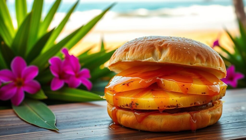 A mouthwatering pineapple sandwich with tropical flair, captured in a warm, sunlit scene. In the foreground, two lightly toasted brioche buns cradle thick slices of juicy pineapple, drizzled with a glistening honey glaze. The middle ground features vibrant green leaves and vibrant pink flowers, suggesting a lush, Hawaiian setting. In the background, a picturesque beach with golden sand and gentle waves creates a serene, island-inspired atmosphere. Soft, diffused lighting casts a warm, inviting glow, highlighting the sandwich's vibrant colors and textures. Photographed at a slight angle to draw the viewer's eye, this image perfectly captures the essence of an "Aloha Sandwich" - a delicious fusion of tropical flavors and island-inspired charm.