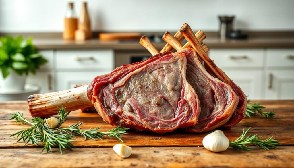 A neatly arranged rack of lamb is elegantly placed on a rustic wooden table, its surface glistening with a golden-brown sear. Carefully trimmed herbs, such as rosemary, thyme, and garlic, are scattered around the meat, their vibrant green hues contrasting beautifully. Soft, diffused lighting from above casts a warm, inviting glow, highlighting the succulent texture of the lamb. In the background, a chic, minimalist kitchen setting provides a refined and sophisticated backdrop, suggesting a high-end culinary experience. The composition is balanced, with the lamb taking center stage, showcasing its delectable preparation and presentation.