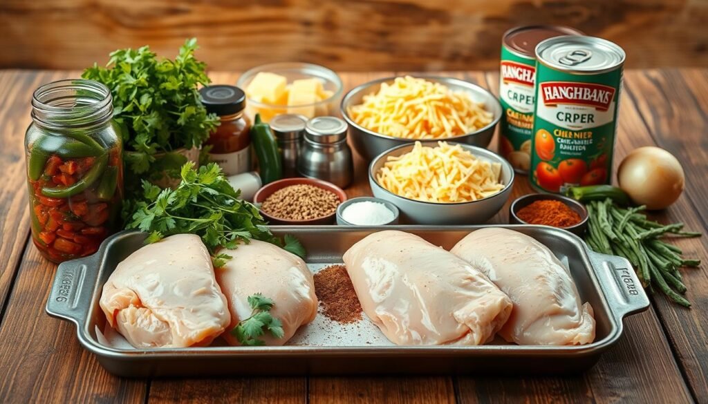A neatly arranged spread of fresh, homemade comfort food ingredients on a rustic wooden table. In the foreground, a tray holds chicken breasts, a jar of green chiles, and a bundle of fresh cilantro. In the middle ground, an assortment of spices, herbs, and seasonings are scattered around a bowl of shredded cheddar cheese. The background features a few stray onion slices and a large can of diced tomatoes, casting a warm, inviting glow under soft, natural lighting. The overall scene conveys the cozy, homemade feel of a hearty, satisfying casserole.