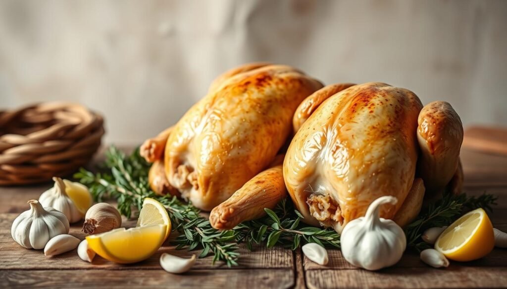 A neatly arranged still life of fresh Cornish hens, their golden-brown skin glistening under soft, natural lighting. The hens are nestled atop a rustic wooden surface, surrounded by aromatic herbs, garlic cloves, and lemon wedges. In the background, a neutral, slightly out-of-focus backdrop, creating a cozy, homely atmosphere. The composition emphasizes the hens' delicate features, inviting the viewer to imagine the juicy, flavorful roast to come. Captured with a shallow depth of field, the image draws the eye to the main subject matter, highlighting the key ingredients for a mouthwatering Cornish hen dish.