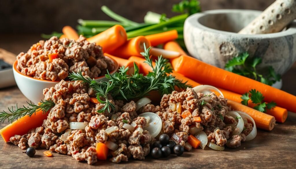 A neatly arranged still life of the essential ingredients for a classic shepherd's pie. In the foreground, fresh ground lamb or beef, carrots, onions, and celery spill out from their respective bowls, their colors and textures inviting the viewer to envision the savory dish. In the middle ground, a bundle of fresh thyme, a sprig of rosemary, and a few whole peppercorns allude to the seasoning that will bring the flavors together. In the background, a stone mortar and pestle, along with a few sprigs of parsley, hint at the homemade quality of the meal. The lighting is soft and natural, accentuating the earthy tones and creating a cozy, inviting atmosphere.