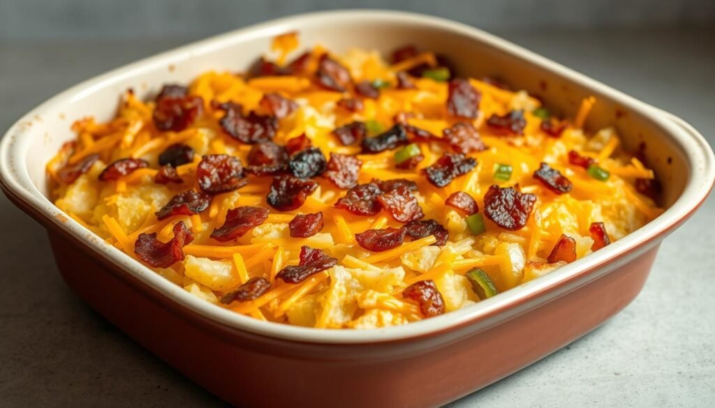 A rustic and inviting hash brown casserole, freshly baked in a ceramic baking dish. The golden-brown crust glistens under warm, even lighting, revealing tender shredded potatoes, melted cheddar cheese, and savory sautéed onions and bell peppers. The aroma of sizzling bacon wafts through the air, complementing the comforting scent of the dish. The casserole is set against a neutral background, allowing the culinary centerpiece to shine. The composition is balanced, with a slight angle to create visual interest. This hearty and satisfying breakfast casserole is ready to be enjoyed.