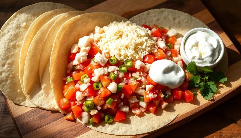 A set of fresh blue corn tortillas, a pile of lump crabmeat, a medley of diced tomatoes, onions, and green chilies, a sprinkle of grated Monterey Jack cheese, a dollop of sour cream, and a sprig of cilantro arranged neatly on a rustic wooden cutting board. The ingredients are illuminated by soft, natural lighting, casting gentle shadows and highlighting the vibrant colors and textures. The composition is balanced and inviting, evoking the homemade, wholesome nature of the crabmeat enchiladas.