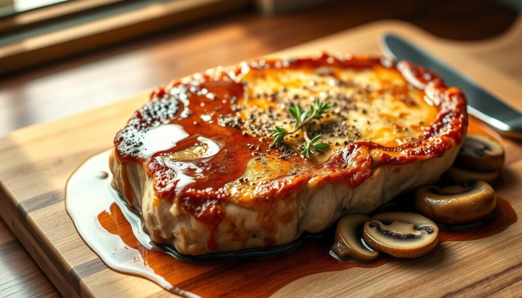 A succulent pork chop, seared to a perfect golden-brown crust, rests on a wooden cutting board. Sliced mushrooms, sautéed in butter, nestle alongside the chop, their earthy aroma mingling with the savory pork. A sprinkle of fresh thyme and cracked black pepper adds depth of flavor, while a drizzle of rich, velvety pan sauce glistens on the surface. Soft, natural lighting from a nearby window casts a warm glow, highlighting the dish's inviting textures and mouthwatering presentation. The overall scene evokes a sense of rustic elegance, perfectly complementing the introduction to this savory pork chop recipe.