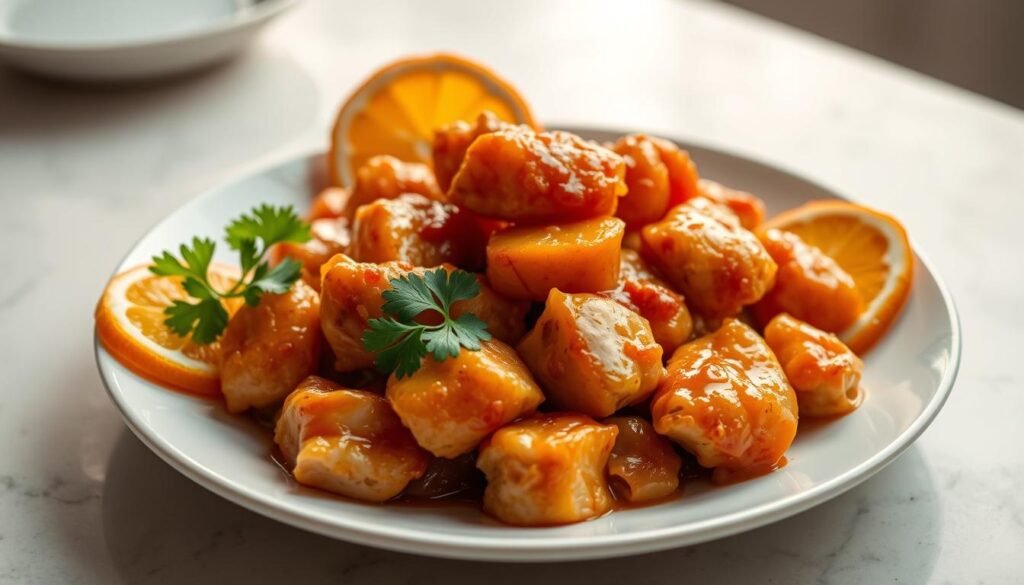A sumptuous plate of orange chicken, the golden-brown chunks glistening under soft, warm lighting. The dish is elegantly plated on a white ceramic surface, with a sprig of fresh cilantro and a slice of orange providing a vibrant pop of color. The chicken's crispy, caramelized exterior gives way to juicy, tender meat infused with the tangy, sweet flavors of the orange sauce. The composition is balanced, with the chicken taking center stage, surrounded by a minimalist, clean background that allows the dish to shine. The scene evokes a sense of culinary artistry and invites the viewer to savor the flavors of this classic Chinese-American dish.