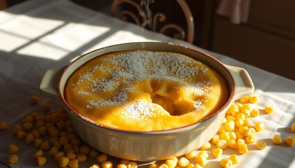 A sun-dappled kitchen table, adorned with a rustic linen tablecloth, serves as the stage for a sumptuous southern corn pudding. The dish, a golden-hued creation, sits nestled in a deep baking dish, its surface slightly puffed and crowned with a light dusting of powdered sugar. Surrounding the pudding are scattered kernels of freshly shucked corn, their vibrant yellow hues a testament to the dish's farm-fresh origins. Soft, indirect lighting casts a warm glow, highlighting the pudding's velvety texture and the steaming wisps of vapor rising from its surface. The overall scene exudes a sense of homey comfort and culinary artistry, perfectly capturing the essence of this beloved southern delicacy.