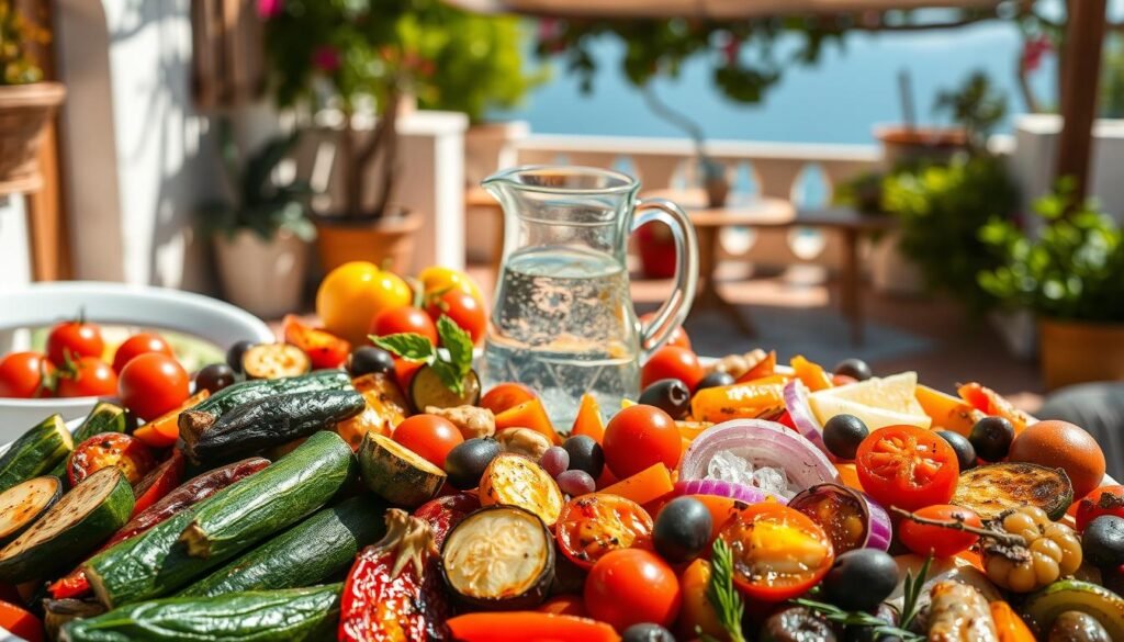 A sun-drenched Mediterranean feast, overflowing with vibrant hues and robust flavors. In the foreground, a colorful array of roasted vegetables - zucchini, eggplant, bell peppers, and sweet onions, glistening with olive oil. Tomatoes, olives, and fresh herbs add pops of color and aroma. In the middle ground, a glistening glass pitcher of chilled water, perhaps infused with lemon or cucumber, stands ready to quench the palette. The background evokes the rustic charm of a seaside terrace, with whitewashed walls, terracotta tiles, and the distant blue of the sea horizon. Soft, natural lighting casts a warm, inviting glow over the entire scene, capturing the essence of the Mediterranean diet - simple, healthy, and deeply satisfying.