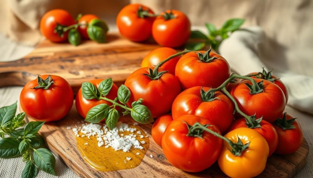 A vibrant composition of Mediterranean produce, arranged in a rustic still life. In the foreground, a collection of fresh, ripe tomatoes in shades of red and orange, their skins glistening. Surrounding them, sprigs of fragrant basil, a sprinkling of coarse sea salt, and a drizzle of golden olive oil. In the middle ground, a weathered wooden cutting board, its surface scarred with the marks of countless meals. In the background, a warm, earthy backdrop, perhaps a textured linen cloth or a worn kitchen counter, evoking the sun-drenched flavors of the Mediterranean. Soft, natural lighting casts gentle shadows, highlighting the tantalizing textures and colors of these essential ingredients for the perfect Mediterranean roasted tomatoes.