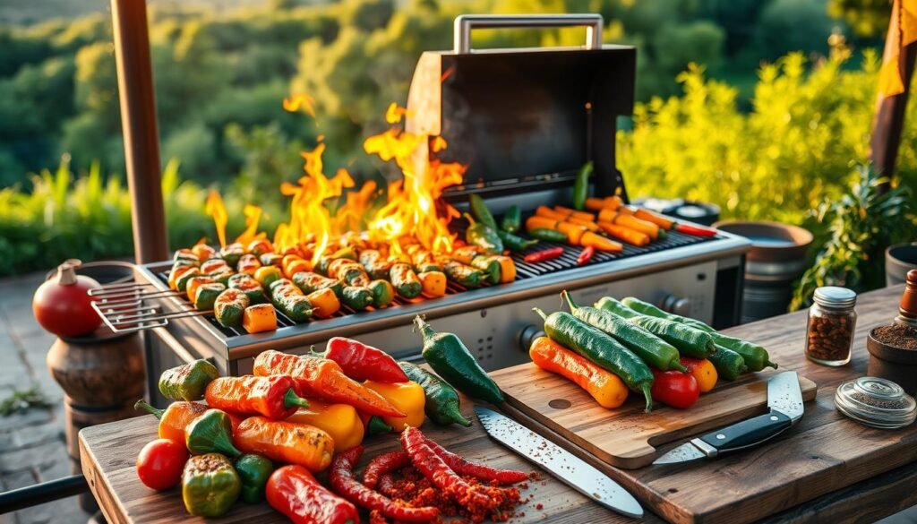 A vibrant outdoor scene with a large, well-stocked grill at the center, surrounded by an array of freshly grilled pablano peppers, skewered and sizzling over the open flame. In the foreground, a selection of colorful summer vegetables, expertly seasoned and ready for the grill. The middle ground features a rustic wooden table with a cutting board, knife, and an array of spices and herbs, hinting at the flavorful preparation to come. The background showcases a lush, verdant landscape, with the warm glow of the afternoon sun casting a soft, inviting light over the entire scene. The mood is relaxed, celebratory, and brimming with the promise of a delicious summer meal.