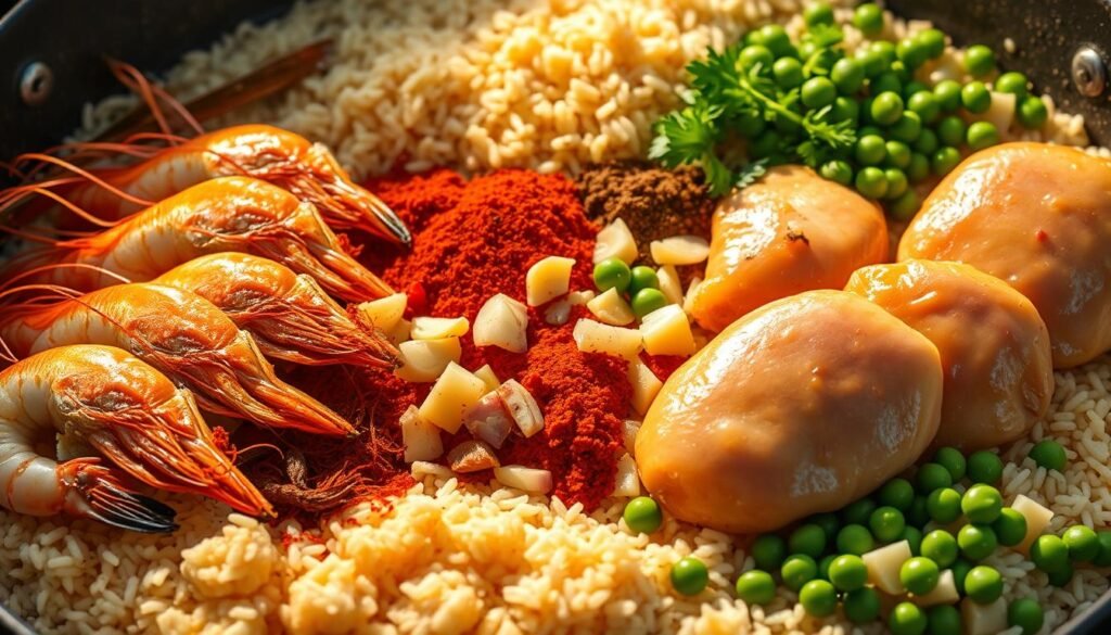 A vibrant still life showcasing the essential ingredients for an exceptional shrimp and chicken paella. In the foreground, arrange plump, juicy shrimp, their shells glistening, alongside tender chicken thighs. In the middle ground, lay out a bounty of fragrant saffron, smoked paprika, and freshly chopped garlic and onions. In the background, a bed of short-grain Spanish rice and a sprinkling of green peas and chopped parsley. Lighting is warm and natural, casting a golden glow over the scene. The composition is balanced and visually appealing, capturing the essence of the classic Spanish dish.