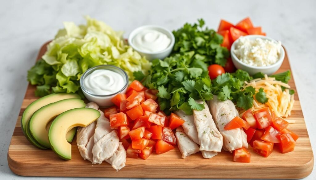 A well-lit, high-resolution close-up photograph of a wooden chopping board featuring a variety of fresh chicken wrap ingredients. In the foreground, place chicken breasts, avocado slices, shredded lettuce, and diced tomatoes. In the middle ground, include small bowls of sour cream, shredded cheese, and chopped cilantro. Arrange the ingredients in an organized, appetizing manner, with natural shadows and highlights that convey the textures and colors of the components. The background should be a clean, neutral surface that allows the vibrant, colorful ingredients to take center stage, creating an inviting and mouthwatering composition.