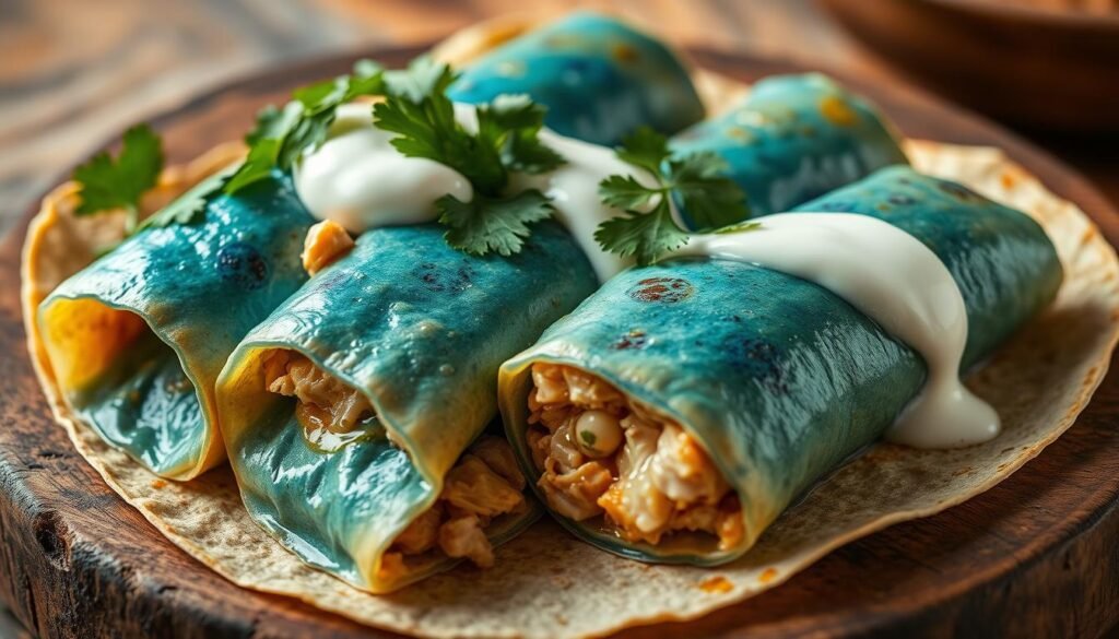 Beautifully presented blue corn enchiladas filled with tender chicken, nestled on a rustic wooden table. The enchiladas glisten with a vibrant blue hue, their corn tortillas folded and stacked with care. Lush cilantro sprigs and a tangy crema topping add depth and contrast. Warm, earthy tones create a cozy, homemade atmosphere, while soft, directional lighting highlights the enchiladas' intricate textures. The scene evokes the comforting flavors and aromas of an authentic Mexican kitchen.