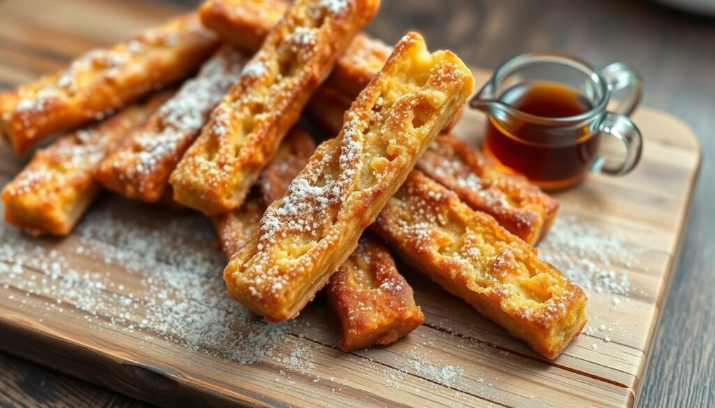 Crunchy French Toast Sticks, golden-brown and temptingly crisp, arranged on a rustic wooden table. The sticks are coated in a delicate batter, lightly dusted with powdered sugar, and accompanied by a small pitcher of warm maple syrup. The lighting is soft and natural, creating a cozy, inviting atmosphere. The camera angle is slightly elevated, providing a clear view of the satisfying texture and mouthwatering details. The background is blurred, allowing the French toast sticks to be the central focus, drawing the eye and tantalizing the senses.