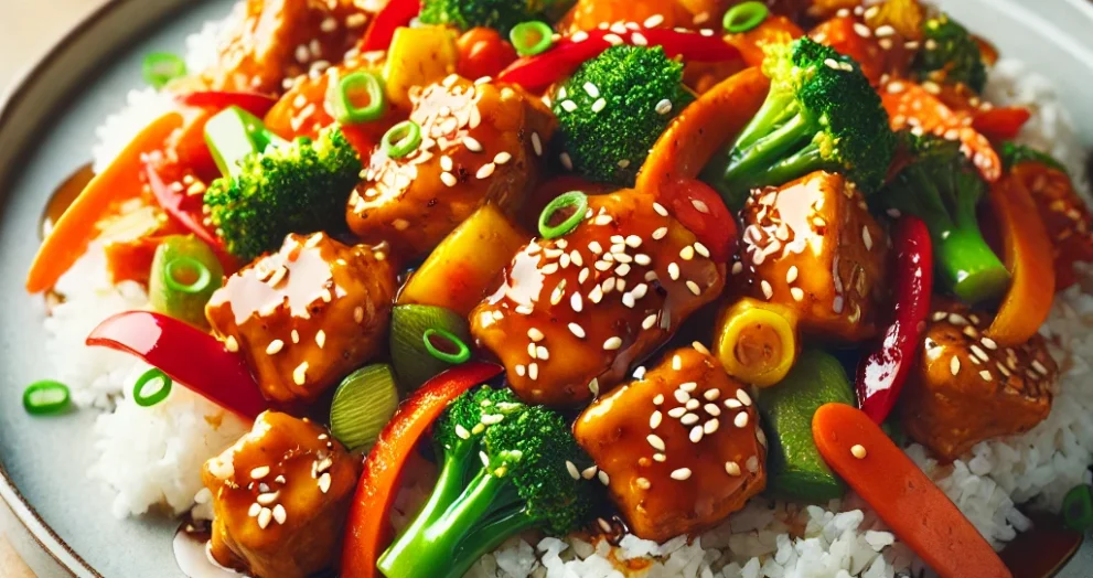 A-vibrant-plate-of-spicy-honey-garlic-chicken-stir-fry-served-over-steamed-rice.-The-dish-features-golden-brown-chicken-pieces-coated-in-a-glossy-ric